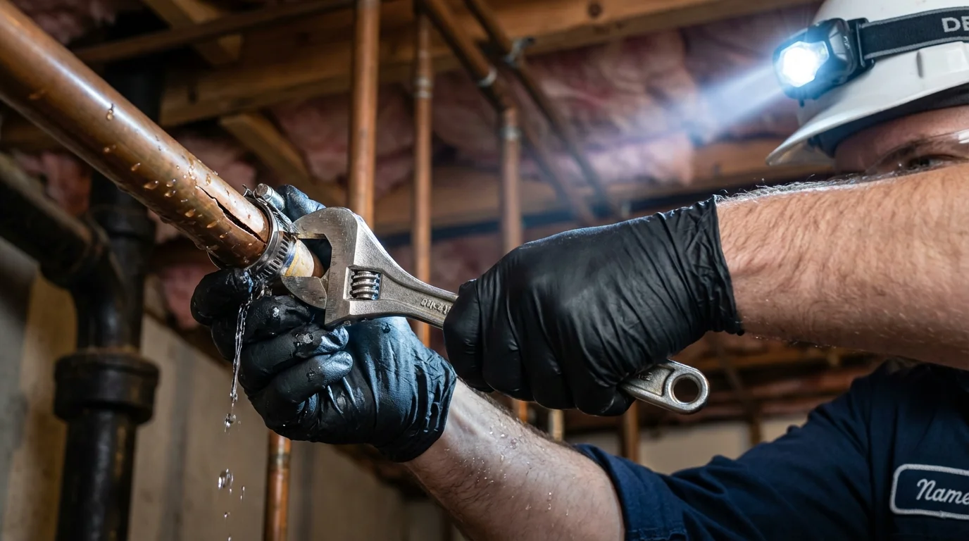Emergency pipe clamp repair being performed by a Johns Plumbing LLC plumber in Russellville