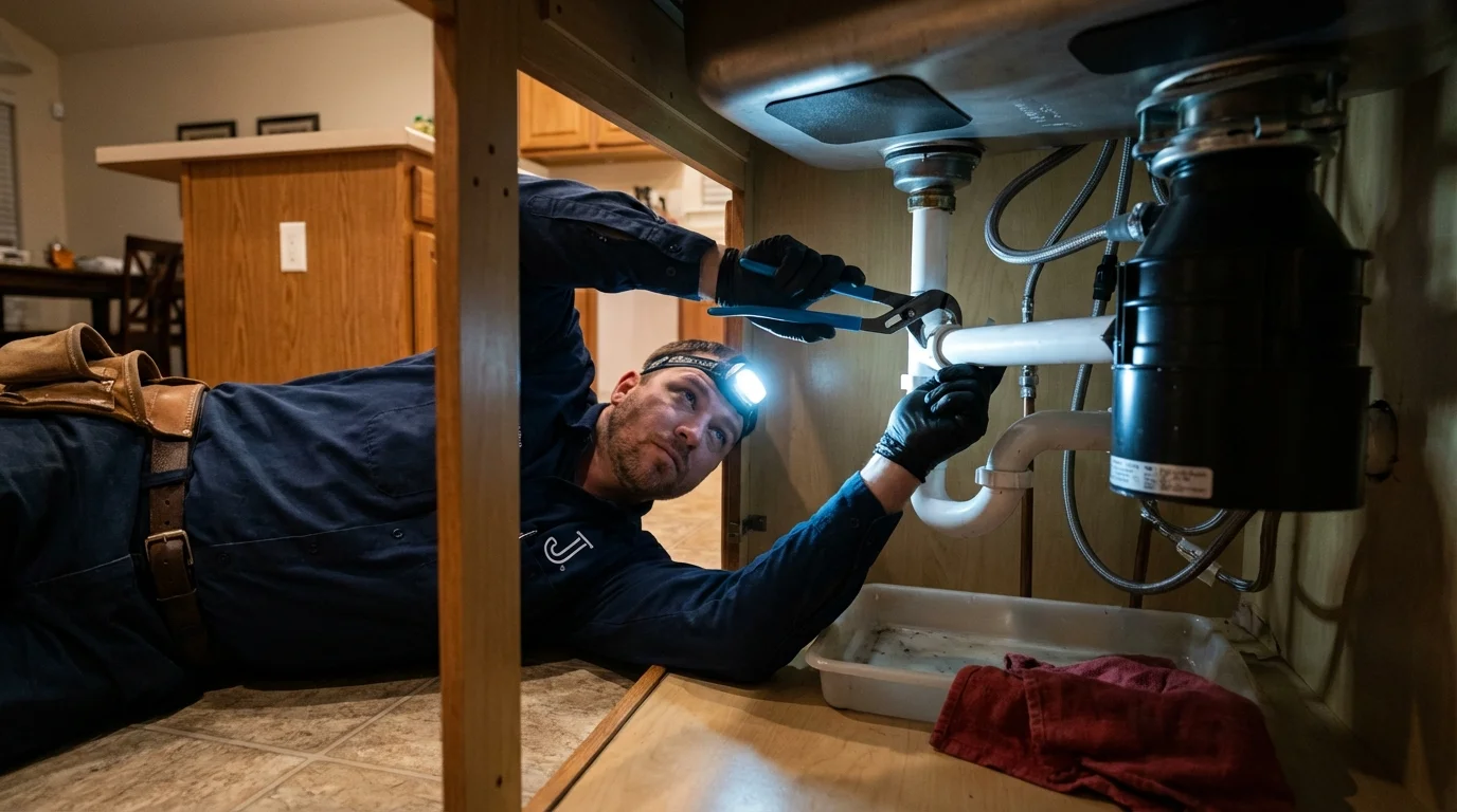 P-trap and supply line connections under a kitchen sink showing a common leak point in Russellville, KY